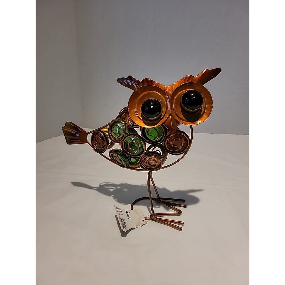 Unique Metal Art Glass Owl Sculpture 9.5" Tall Figurine Decor
